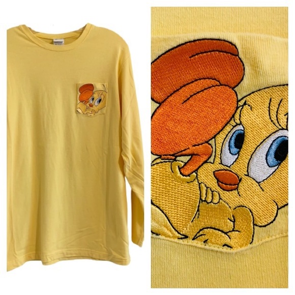 Vintage Warner Bros Long Sleeve Pocket Tee Tweety Bird Embroidered  VTG - Picture 9 of 9
